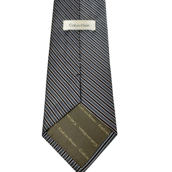 Calvin Klein Mens Vintage Gray and Brown Classic Design Striped Silk Tie - Picture 9 of 9